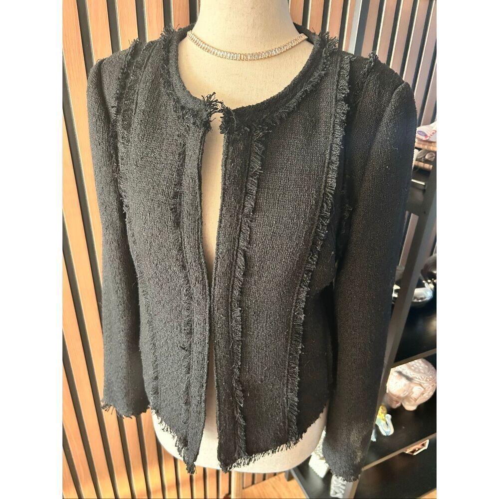 Banana Republic Womens Black Tweed Fringe Collarless Blazer Jacket Size 4